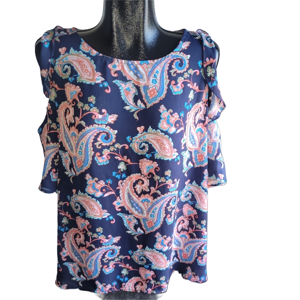 Artizan Blue and Pink Paisley Print Short Sleeved Cold Shoulder Top XXL